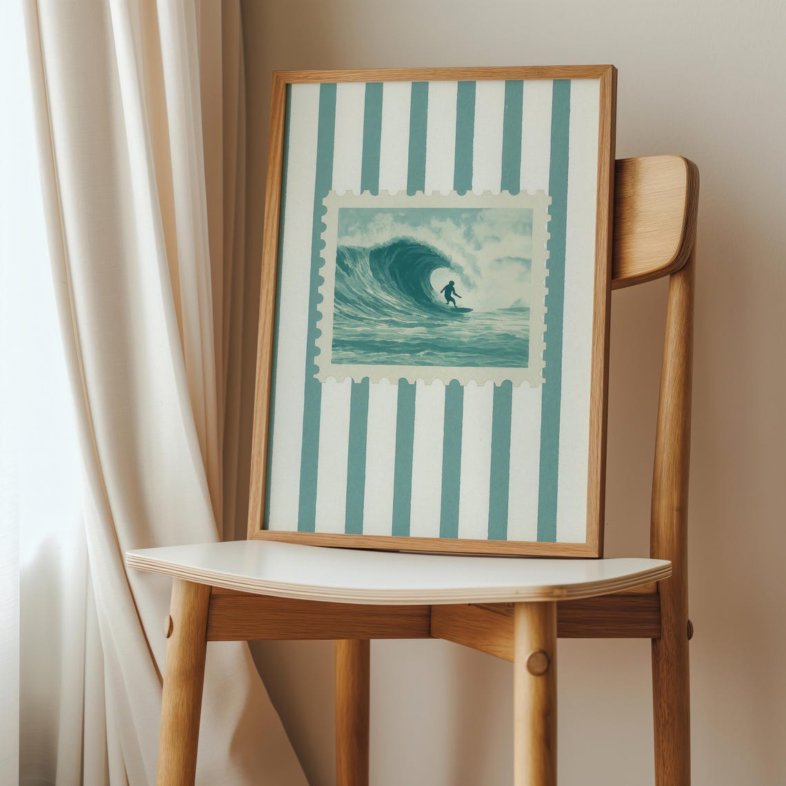 Surfer Riding Big Wave Postage Stamp Retro Coastal Decor Wall Art