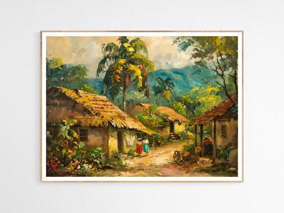 Mexican Village Palm Trees Thatched Huts Oil Painting Art Poster