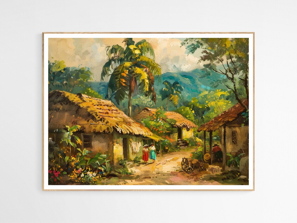 Mexican Village Palm Trees Thatched Huts Oil Painting Art Poster