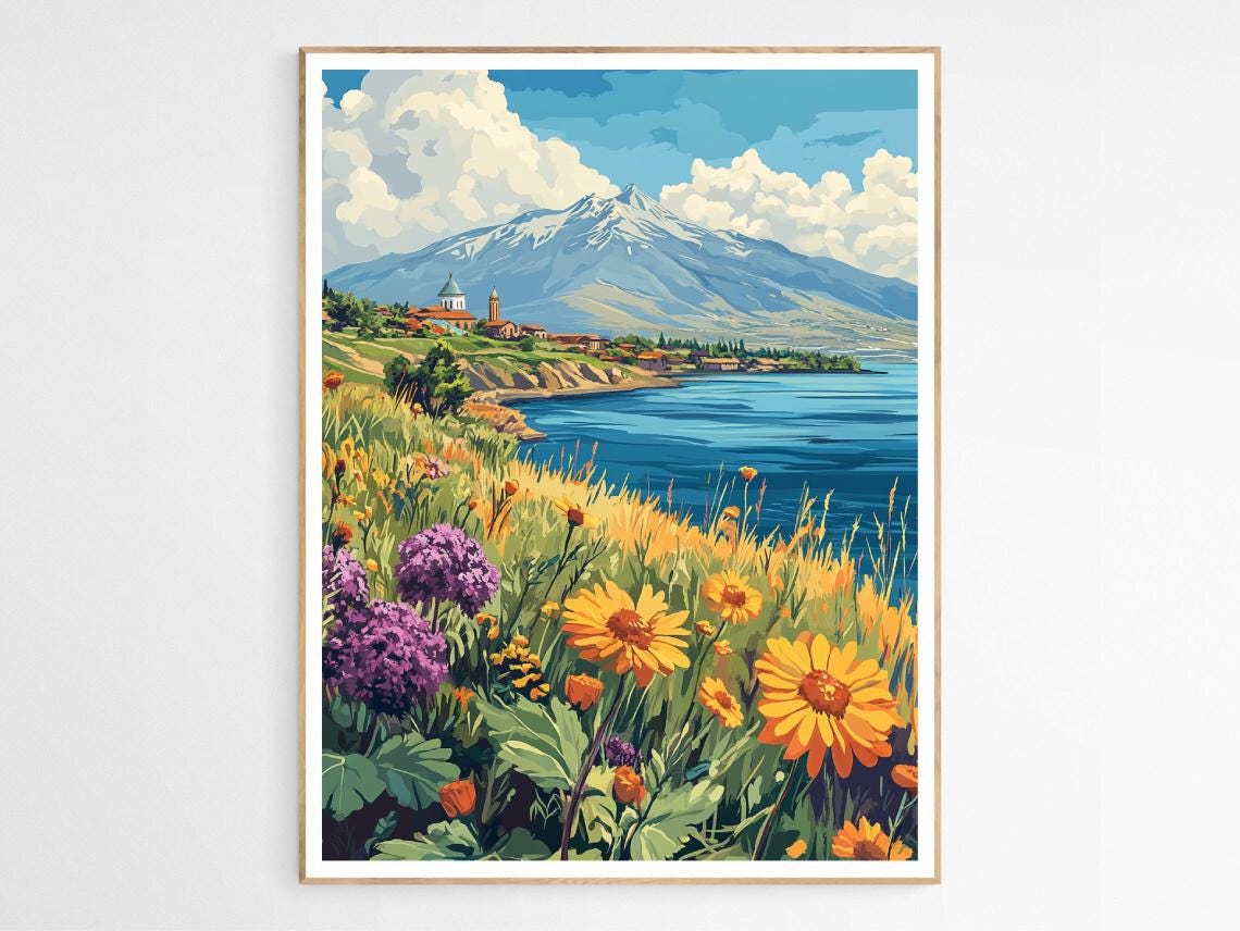 Mount Ararat and Lake Sevan Wildflower Travel Landscape Poster