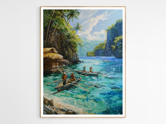 Filipino Villagers Fishing Island Scene Art Print