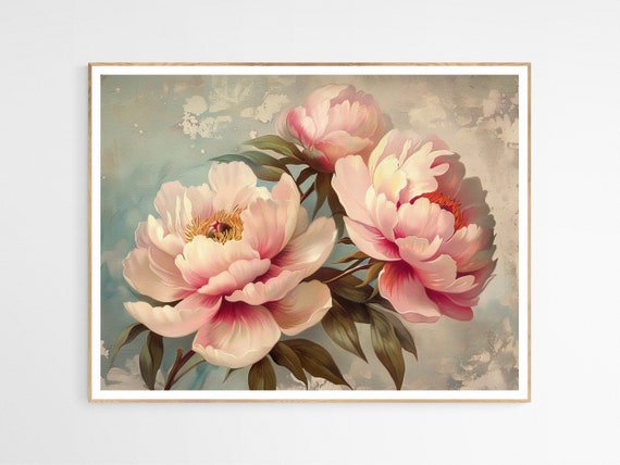 Vintage Blushing Pink Peonies Art Print Flowers Wall Bedroom Mothers Day Gift Elegant Botanical Decor