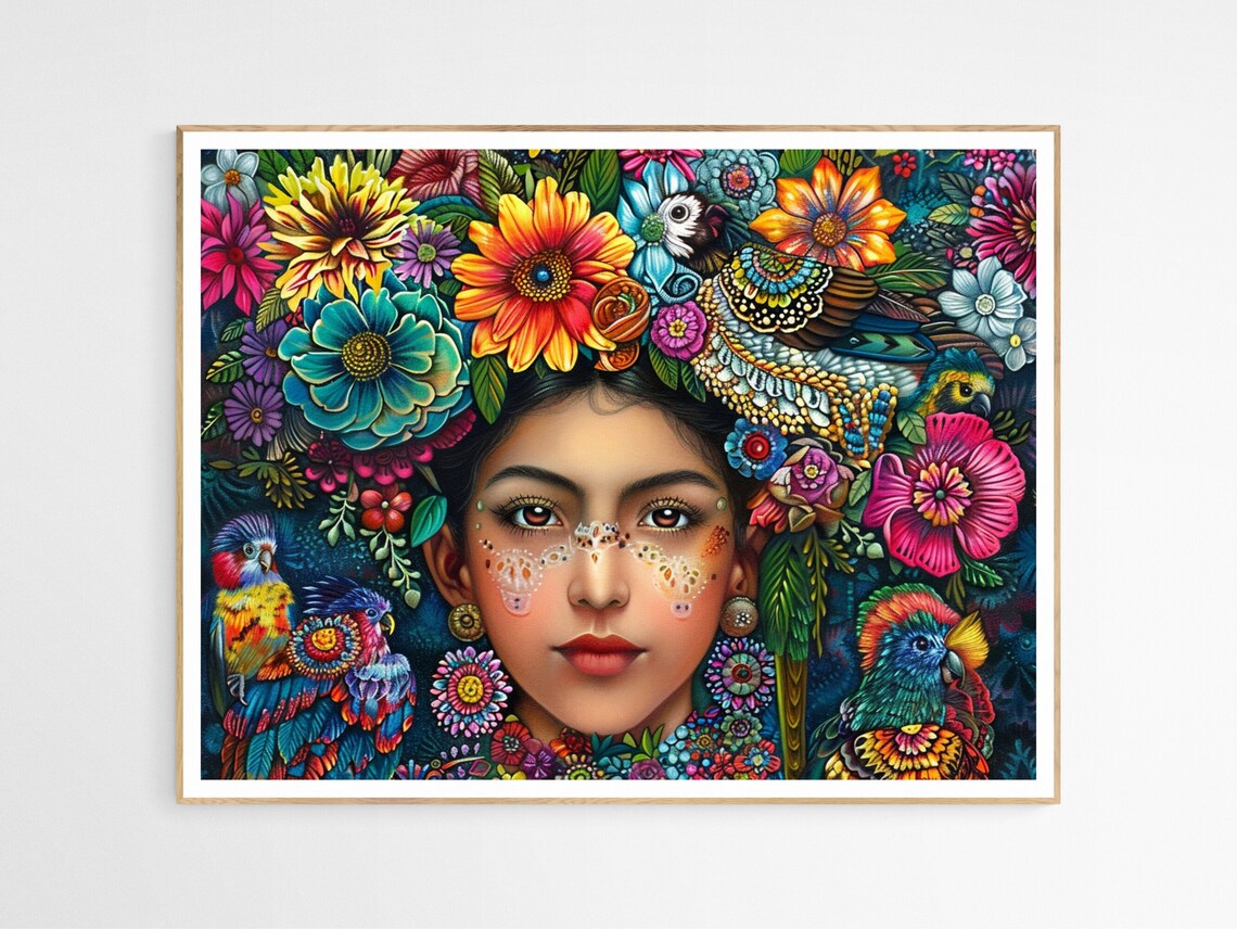 Mexican Woman Floral Headdress Parrots Folk Art Portrait Poster