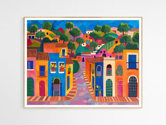 Mexican Hillside Village Folk Art Colorful Town Painting Poster