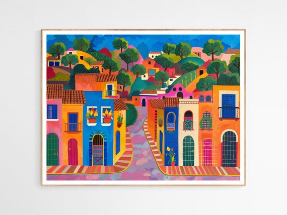 The Town Mexico Art Print Mexican Folklore Colorful Traditional Style Perfect Housewarming Gift
