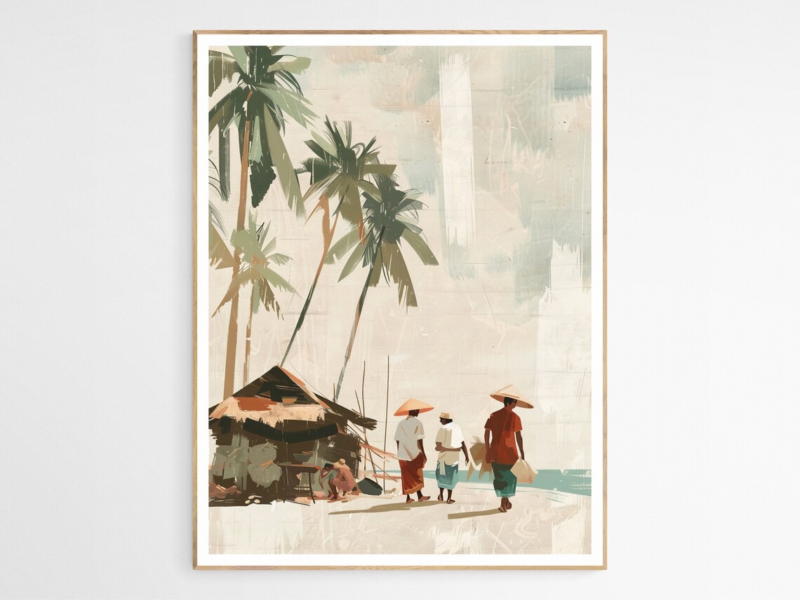 Philippines Beach Village Tall Palms Tropical Coastal Art Poster