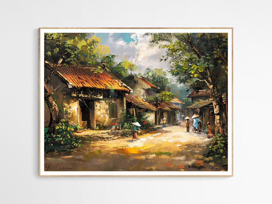 Rustic Vietnam Village Street Oil Painting Golden Light Art Print