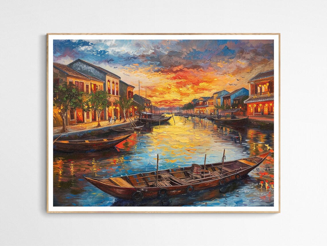 Hoi An Vietnam Sunset River Boats Lanterns Oil Painting Poster