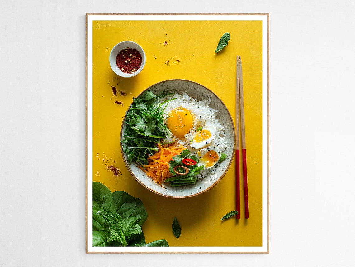 Vietnamese Rice Bowl with Soft Egg Flat Lay Food Photo Poster