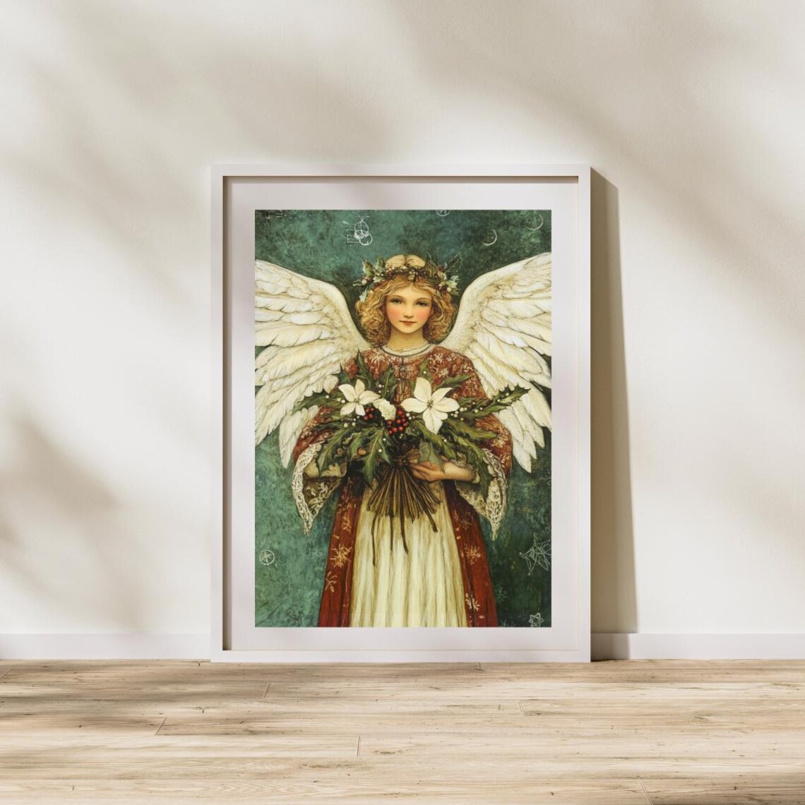 Christmas Angel Holding White Poinsettias Vintage Holiday Art Poster - Image 3