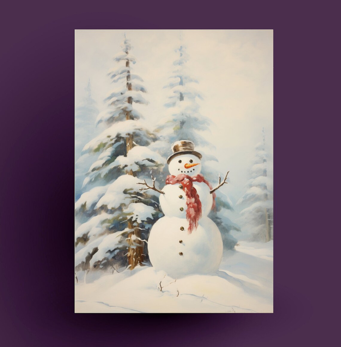 Snowman In Snowy Forest Vintage Oil Painting Red Scarf Winter Poster - Image 2