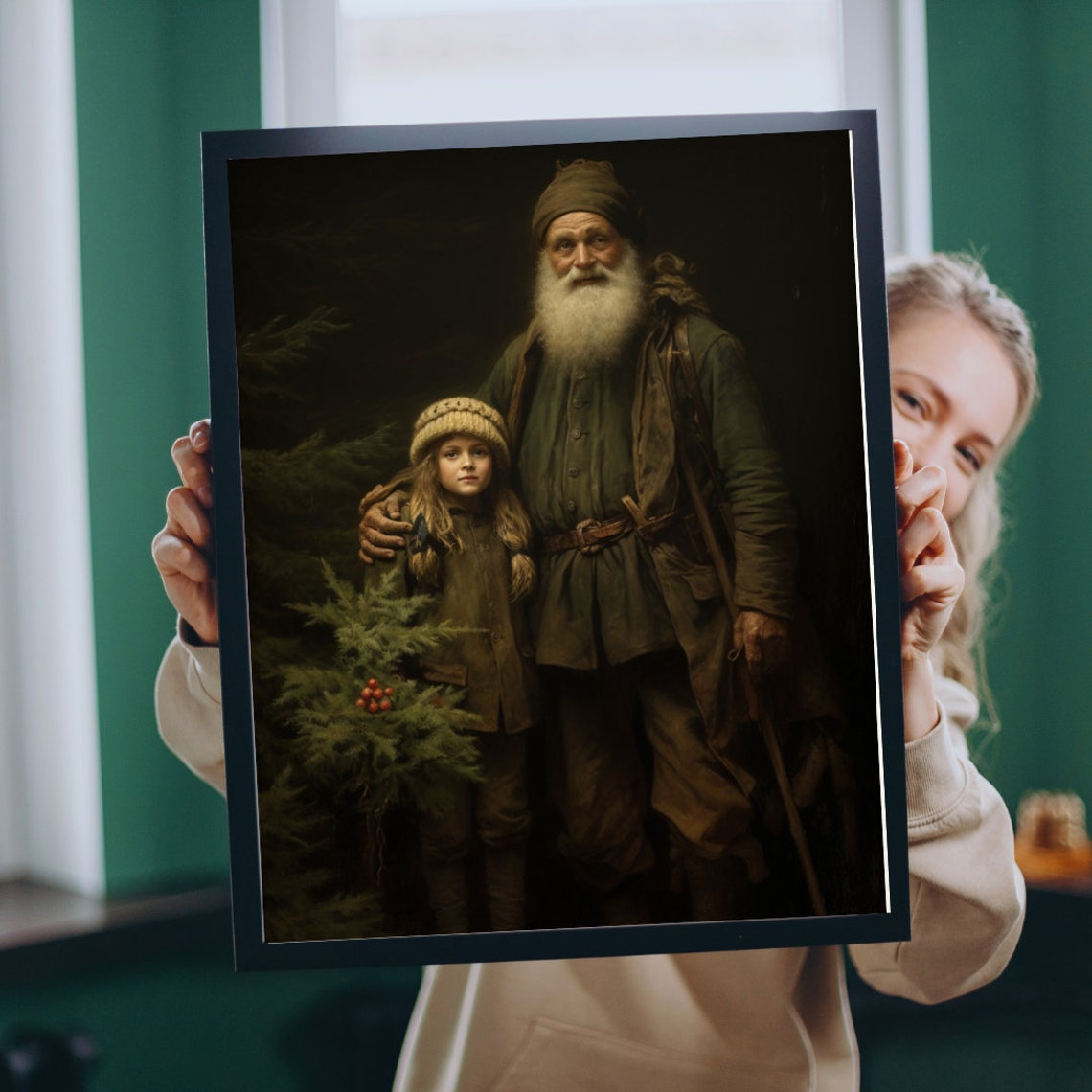 Vintage Christmas Print Father Christmas With Little Girl Santa Claus Holiday Decor Vintage Holiday Oil Painting Farm House Christmas - Image 2