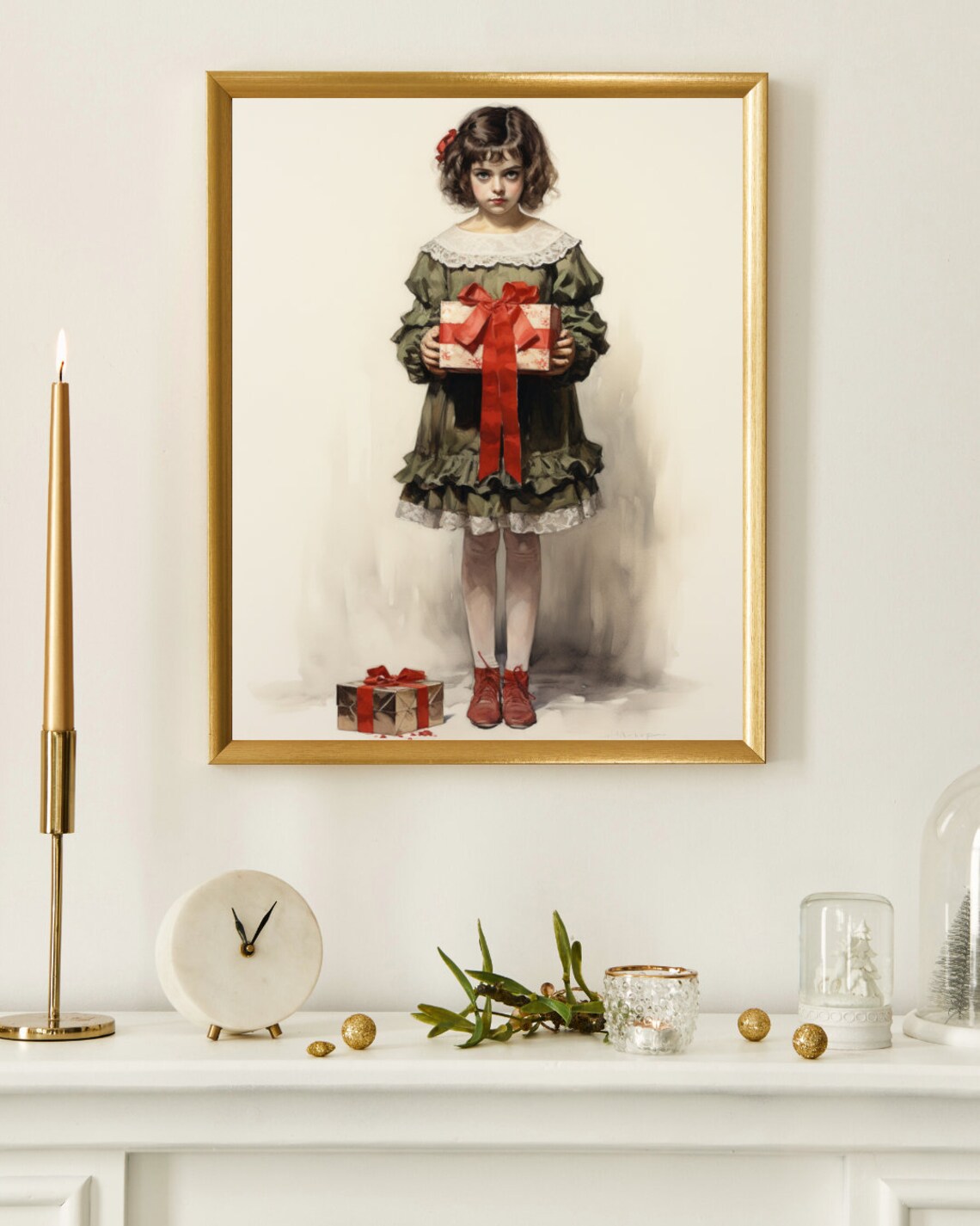Vintage Christmas Portrait Little Girl Holding Gift Holiday Art Print - Image 2
