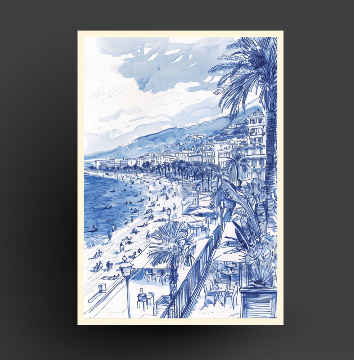 Blue Ink Seaside Promenade Palms Sketch Coastal Getaway Travel Poster - Image 2