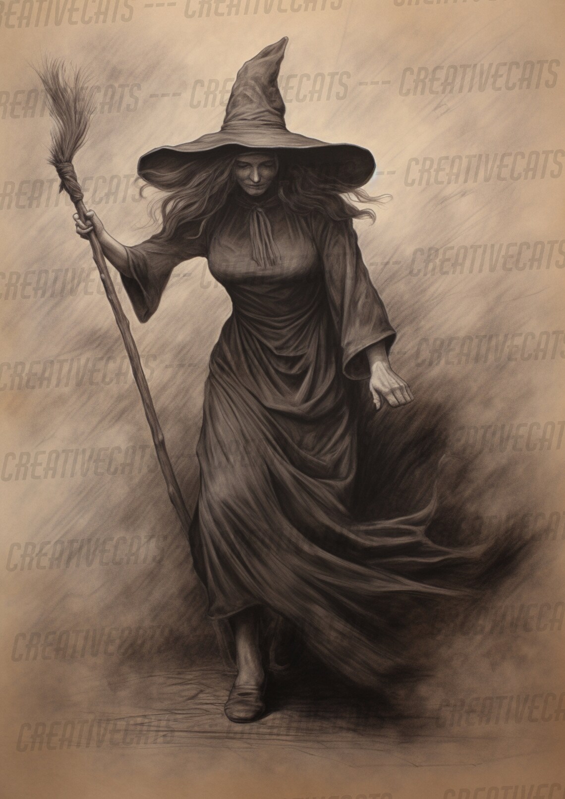 Tall Hat Witch With Broom Charcoal Sketch Vintage Witchy Halloween Poster - Image 4