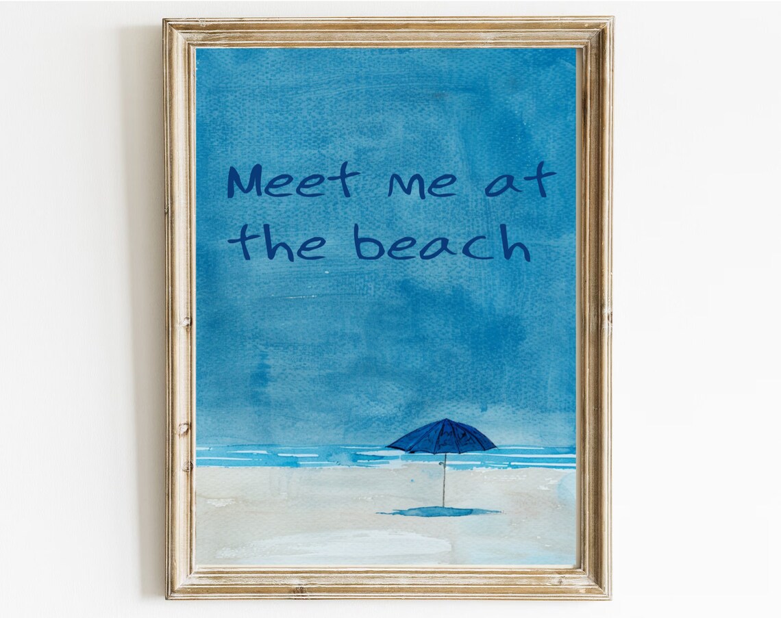 Meet Me At The Beach Blue Watercolor Art Umbrella Quote Poster