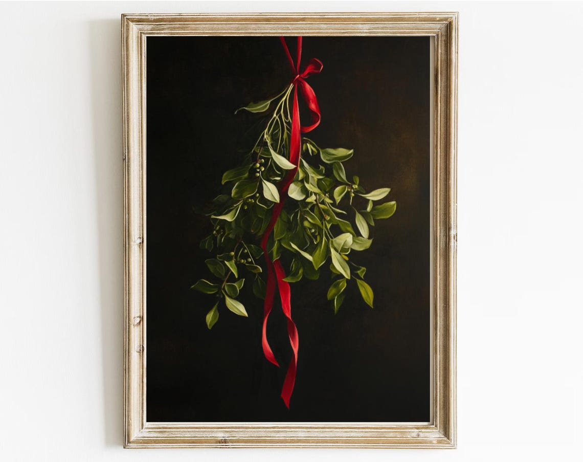 Mistletoe Bunch Red Ribbon Dark Background Christmas Art Print