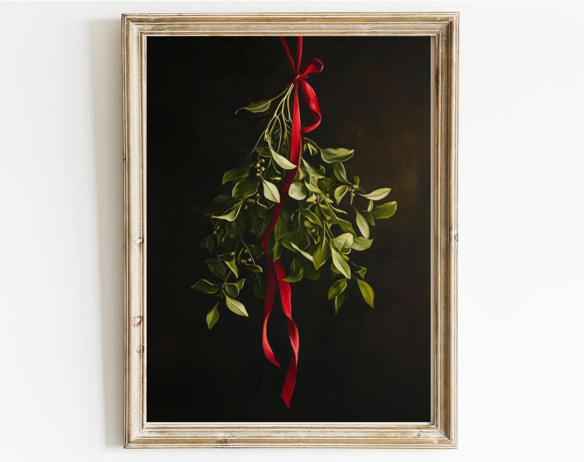 Vintage Christmas Wall Art Mistletoe With Christmas Ribbon Farmhouse Vintage Print Vintage Christmas Print Holiday Art Print