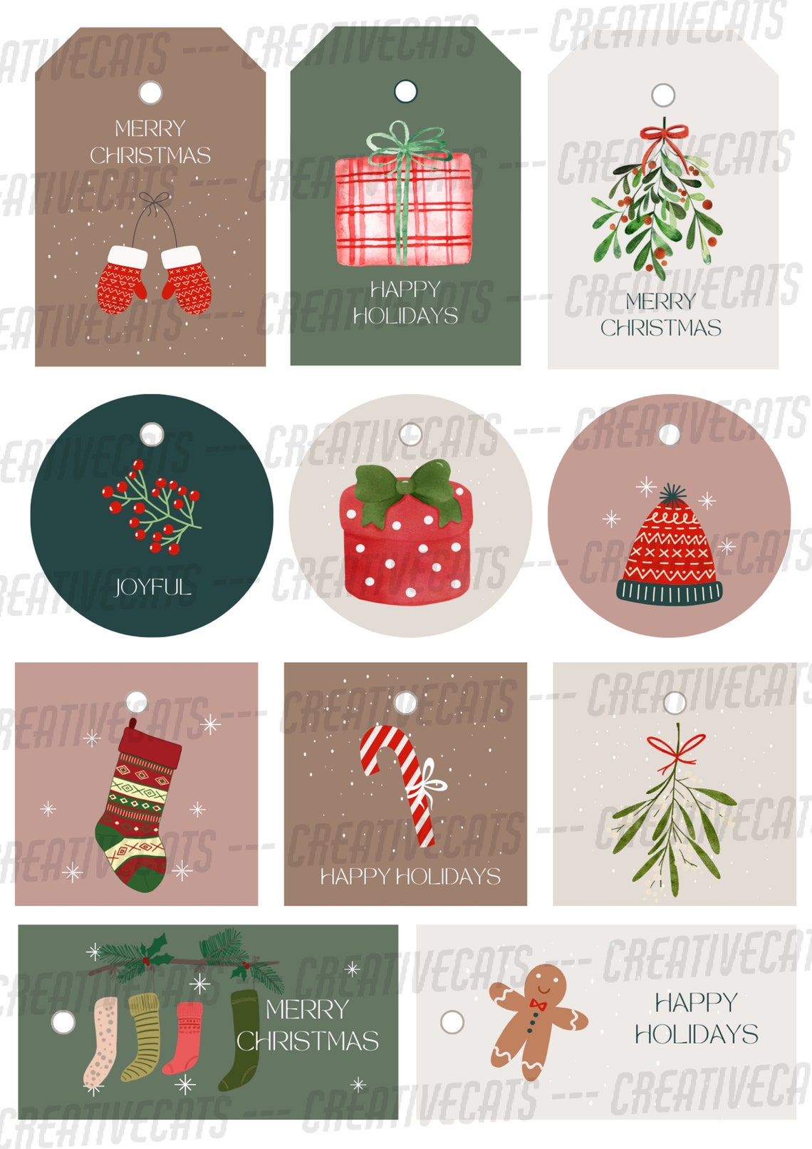 Christmas Gift Tag Sheet Festive Holiday Illustrations Print - Image 4