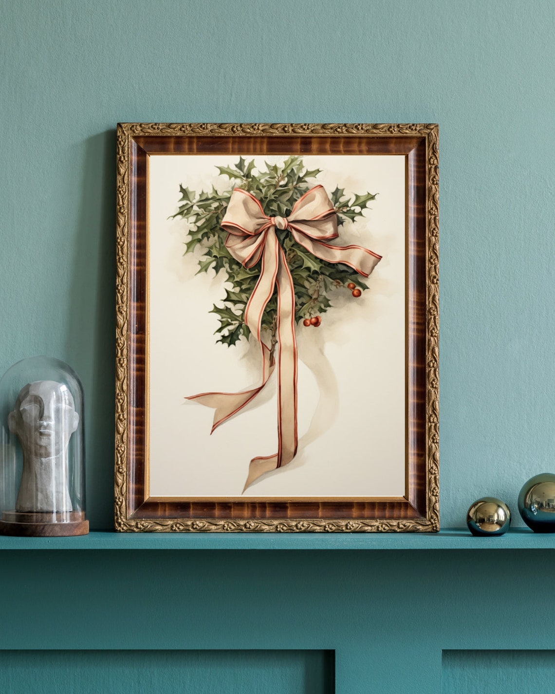 Holly Sprig With Beige Satin Bow Berries Vintage Christmas Art Print - Image 2