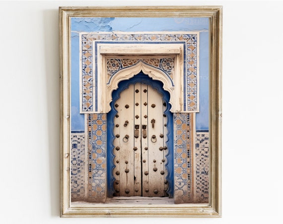 Blue And White Maroccan Door Wall Art Moroc Architecture Wall Decor Boho Wall Art Print Door Oriental Travel Print Vintage Photography