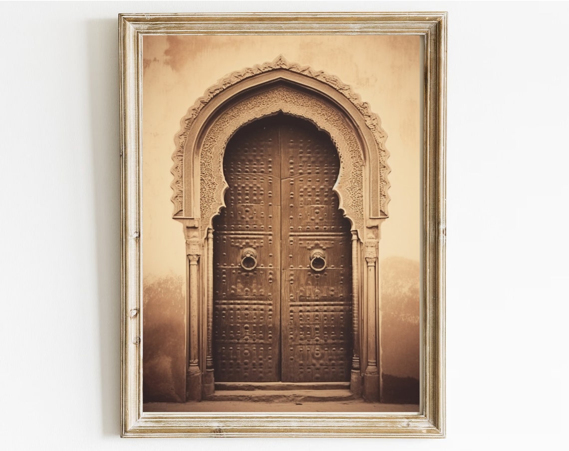 Moroccan Arched Studded Door Sepia Architectural Photo Poster