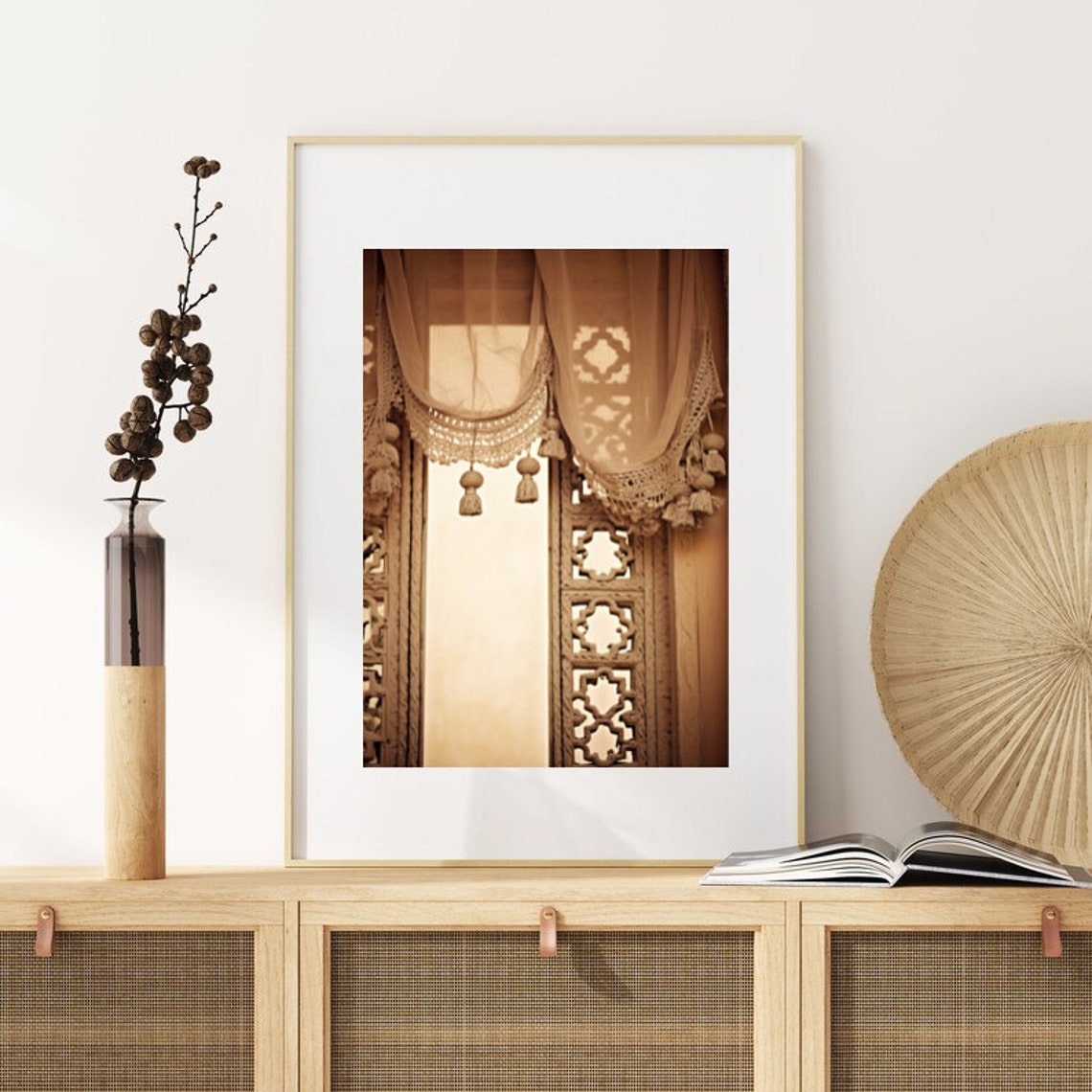 Moroccan Carved Wood Window Sheer Tassel Curtain Photo Poster - Image 4
