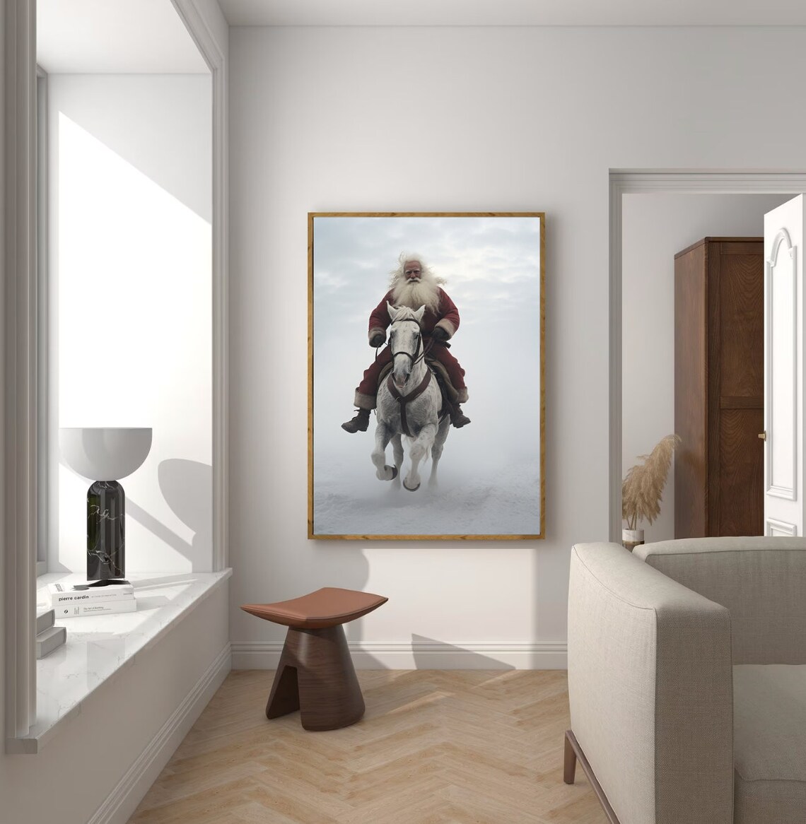 Santa Claus Riding White Horse Snow Dramatic Christmas Art Print - Image 3