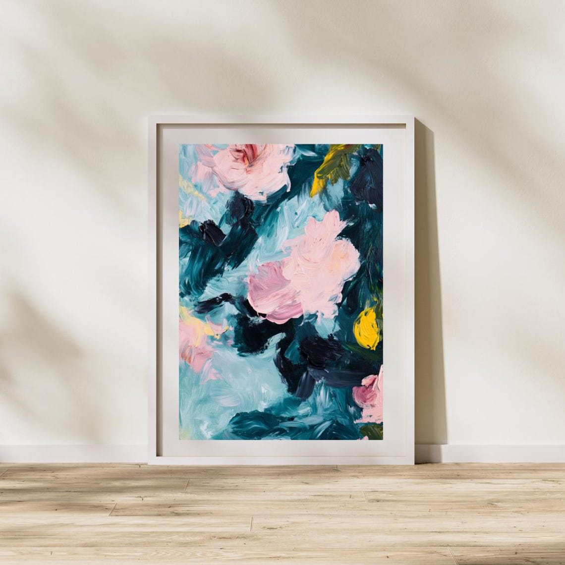 Abstract Floral Oil Painting Pink Teal Bold Brushwork Art Poster - Image 4