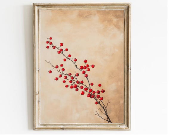 Vintage Christmas Print Print Of Red Winter Berry Minimalistic Winter Art Holiday Decor Moody Neutral Holiday Art Christmas Wall Art