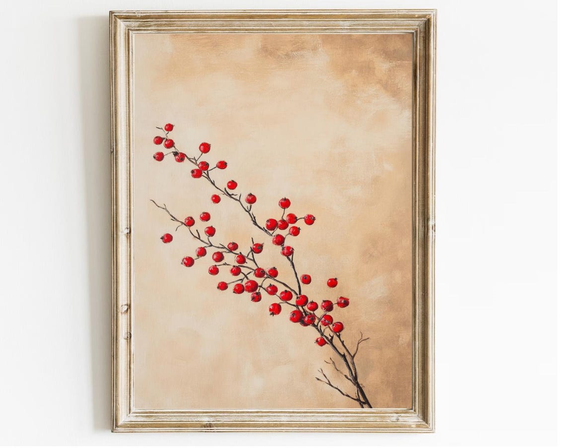 Red Winter Berry Branch Botanical Study Beige Background Art Print