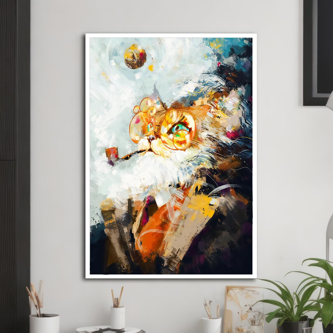 Cat With Glasses Smoking A Pipe, Smart Cat Art