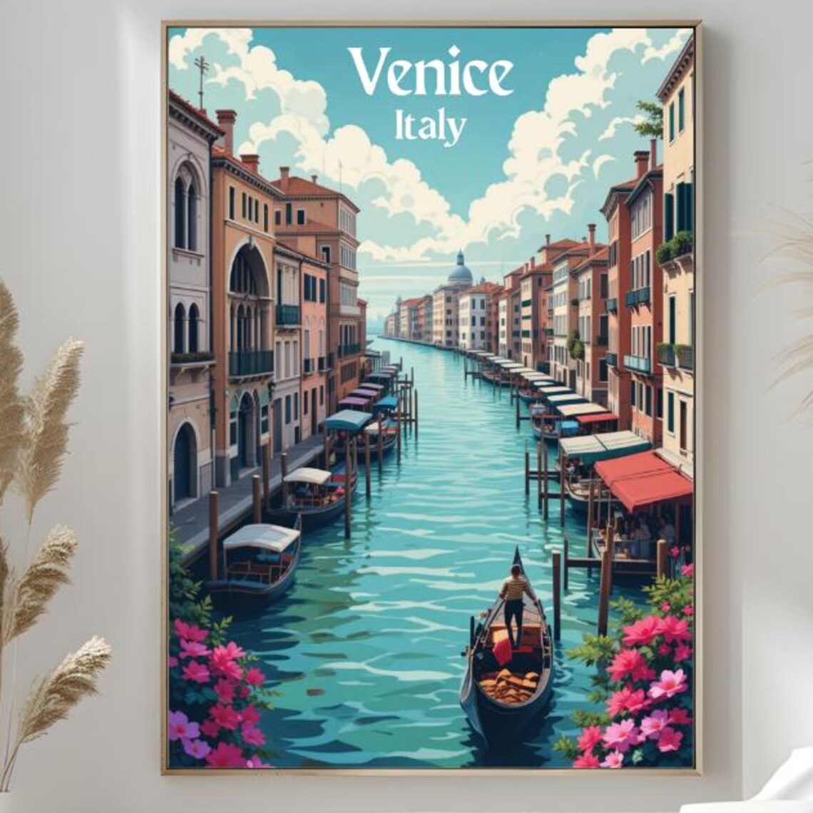 Venice Italy Grand Canal Gondola Pink Bloom Flowers Travel Poster