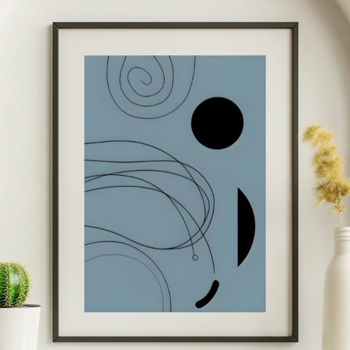 Mid Century Geometric Abstract Blue Black Circle Lines Wall Art