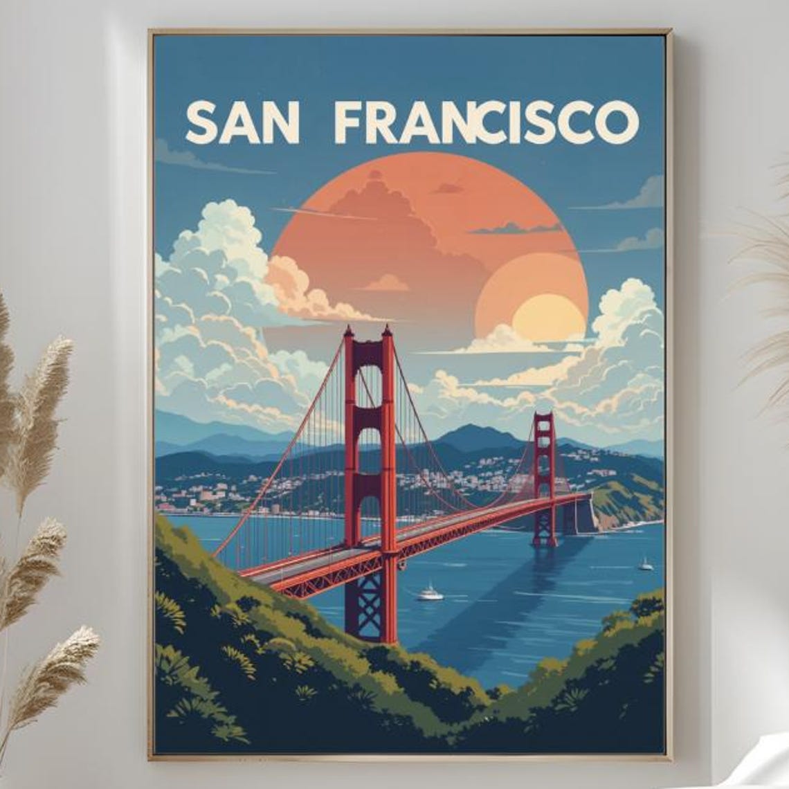 San Francisco Golden Gate Bridge at Sunset Retro Travel Poster