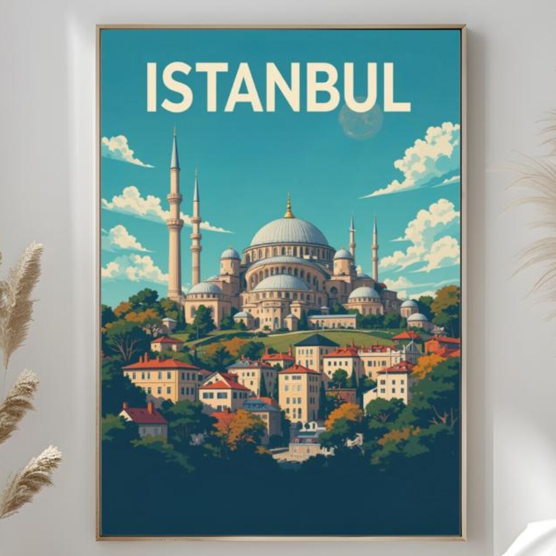 Istanbul Grand Mosque Domes Minarets Cityscape Vintage Poster