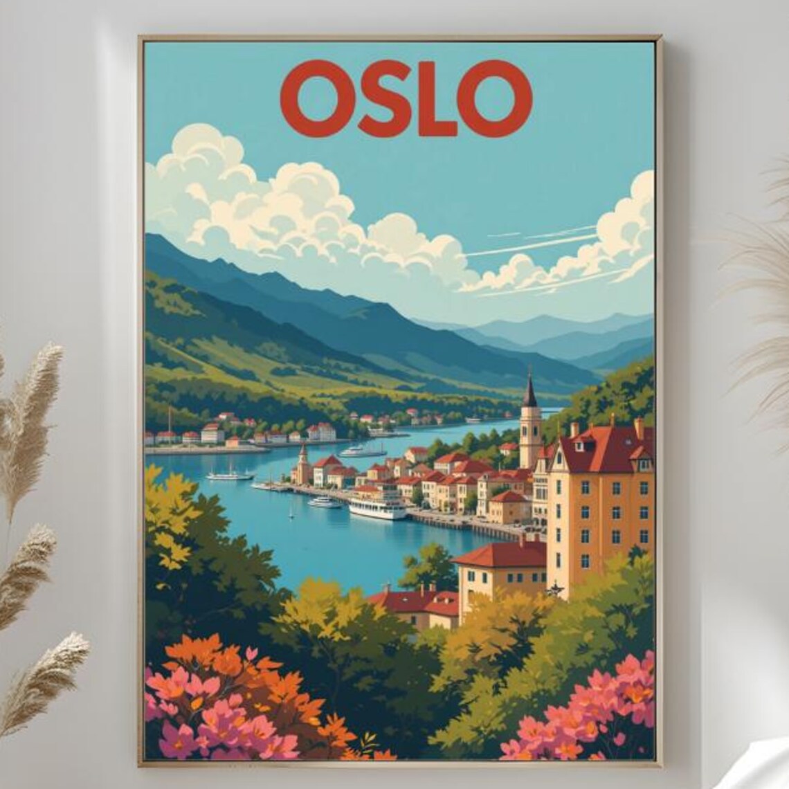 Oslo Norway Fjord Town Autumn Blooms Panoramic Travel Poster
