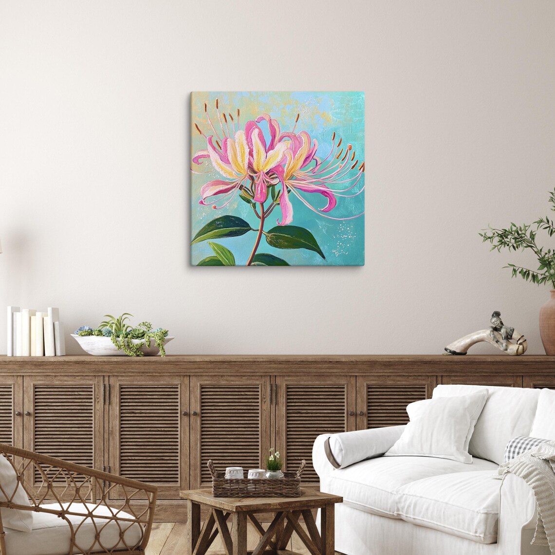 Pink Yellow Honeysuckle Blooms Teal Background Oil Painting Poster - Image 2