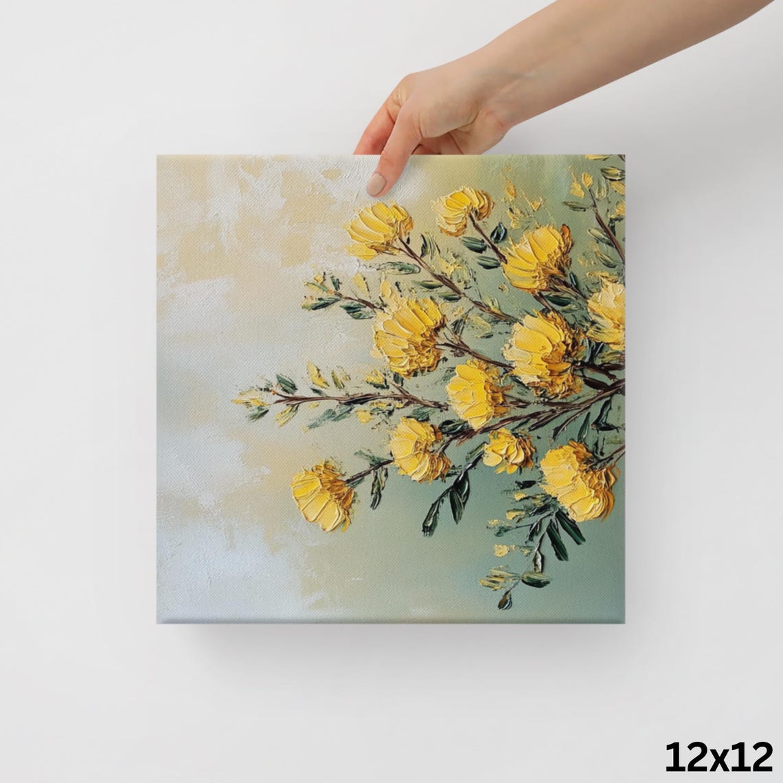 Yellow Acacia Blossoms Branch Sage Cream Floral Impasto Wall Art - Image 2