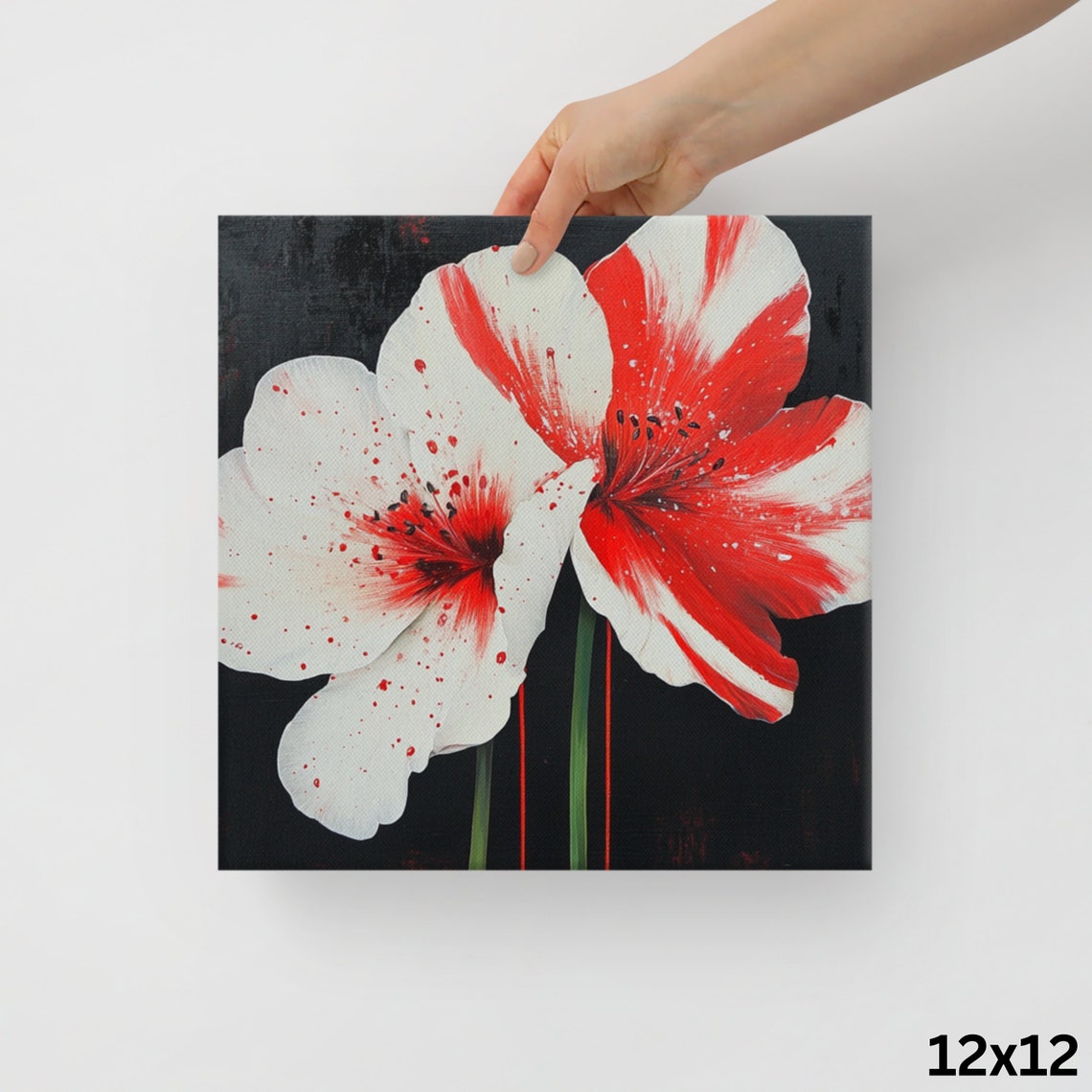 Red White Splatter Bloom Flowers Dramatic Black Background Art Poster - Image 2