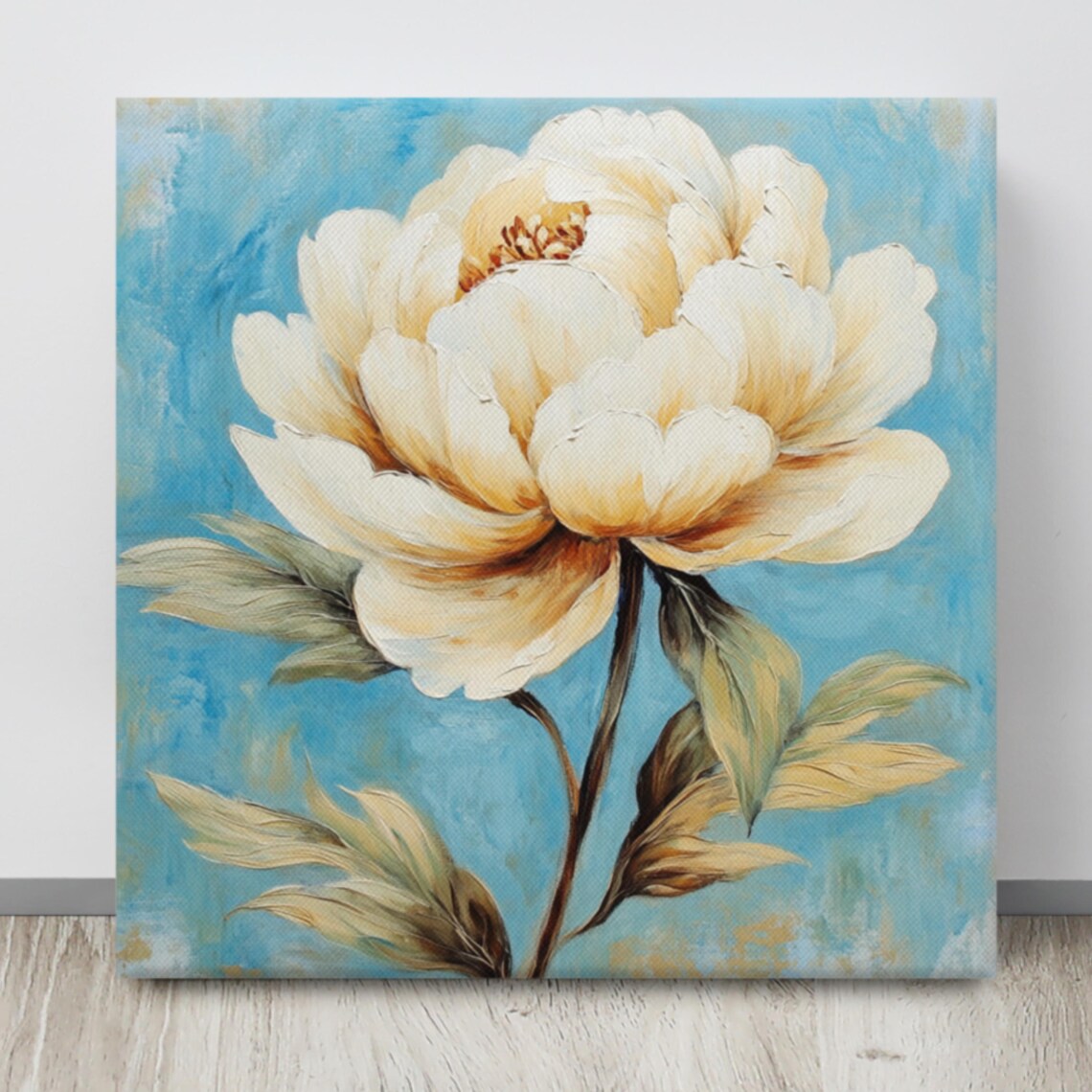 White Peony Turquoise Blue Background Bold Bloom Floral Art Poster - Image 5