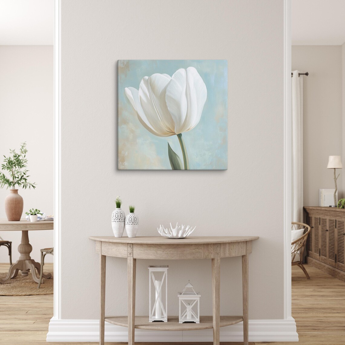 White Tulip Bloom Close-Up Serene Blue Floral Art Wall Poster - Image 5
