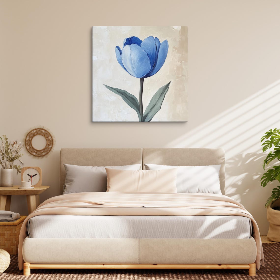 Blue Tulip Single Bloom Gray Leaves Cream Botanical Painting Print - Image 2