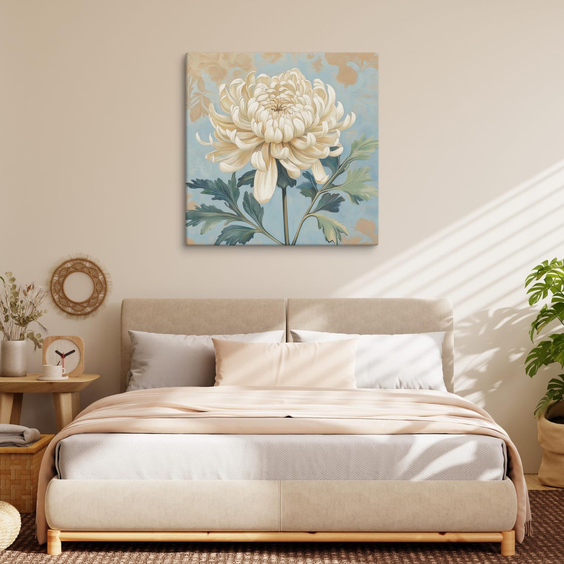 White Chrysanthemum Bloom Blue Gray Vintage Botanical Art Print Poster - Image 2