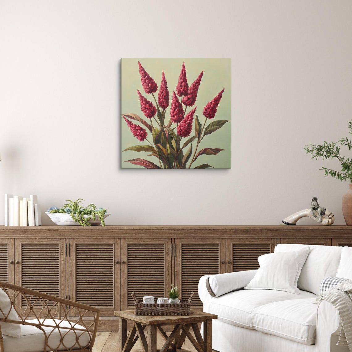 Red Cockscomb Feathery Plume Flowers Tall Botanical Art Poster - Image 5