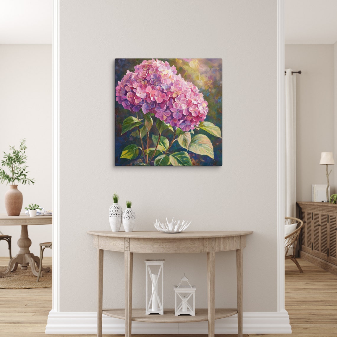 Pink Hydrangea Cluster Sunlit Garden Painterly Floral Art Poster - Image 2