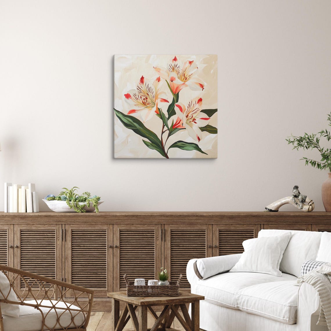 White Red Alstroemeria Striped Blooms Botanical Floral Art Poster - Image 4