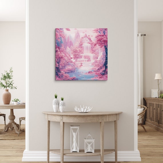 Pink Waterfall Print Pink Wall Art Waterfall Painting Print Art Print Magical Castle Mystical Realm Magical Art