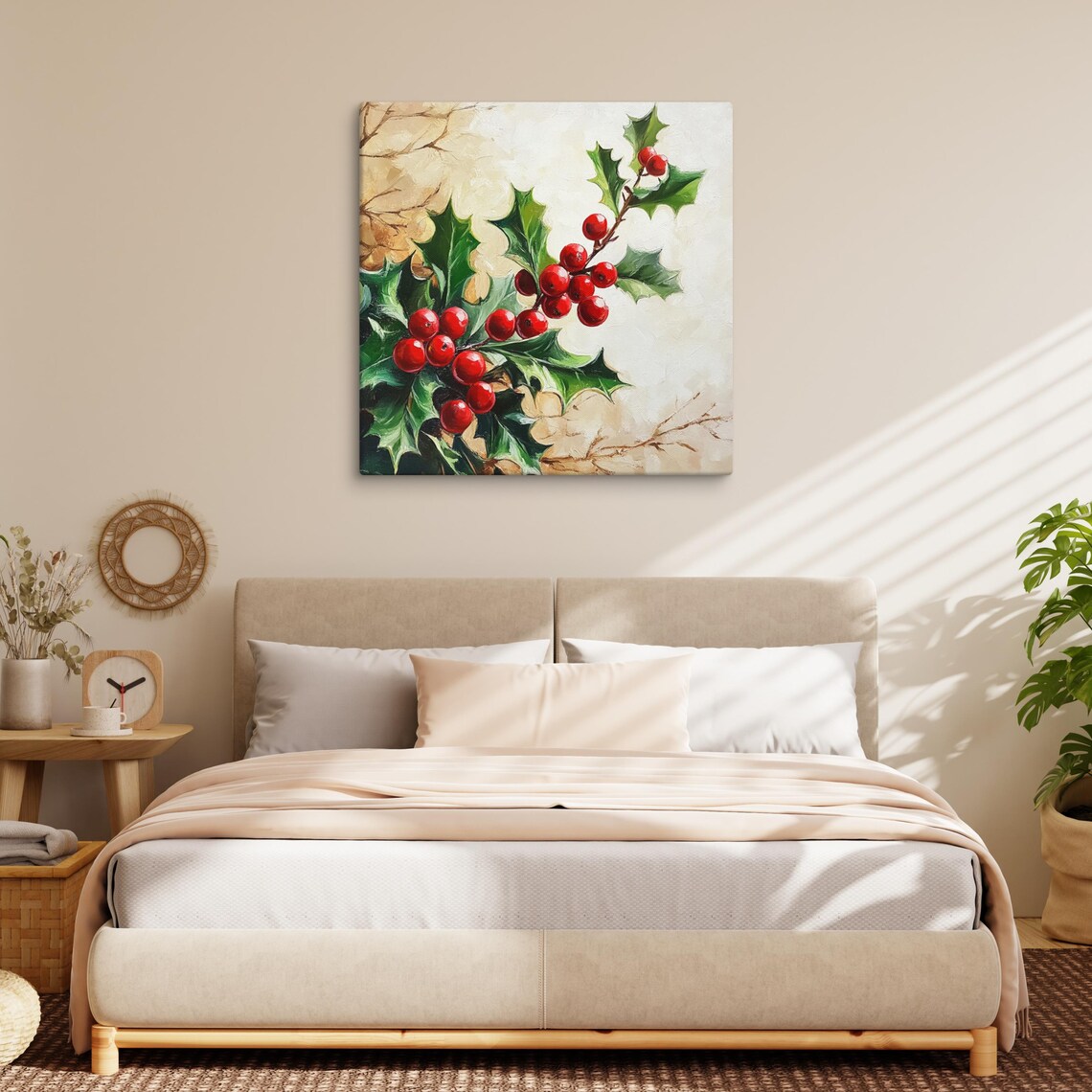 Christmas Holly Branch Red Berries Botanical Holiday Canvas Art Print - Image 2