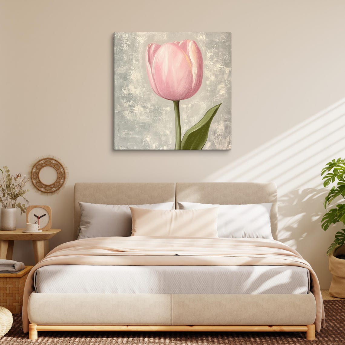 Blush Pink Tulip Tall Green Stem Textured Beige Modern Minimal Poster - Image 4